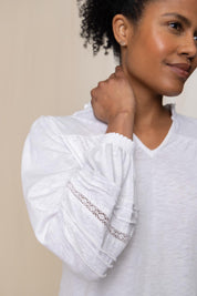 A model wearing the Bette Cotton Top in colour White (White), from the front, cropped image