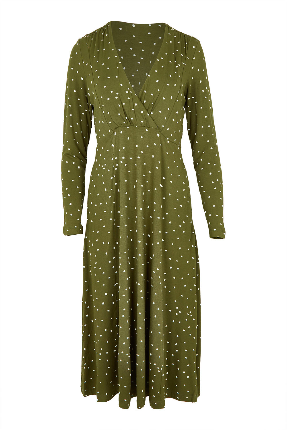 Product shot of the Rose Dress in colour Olive (Green), from the front