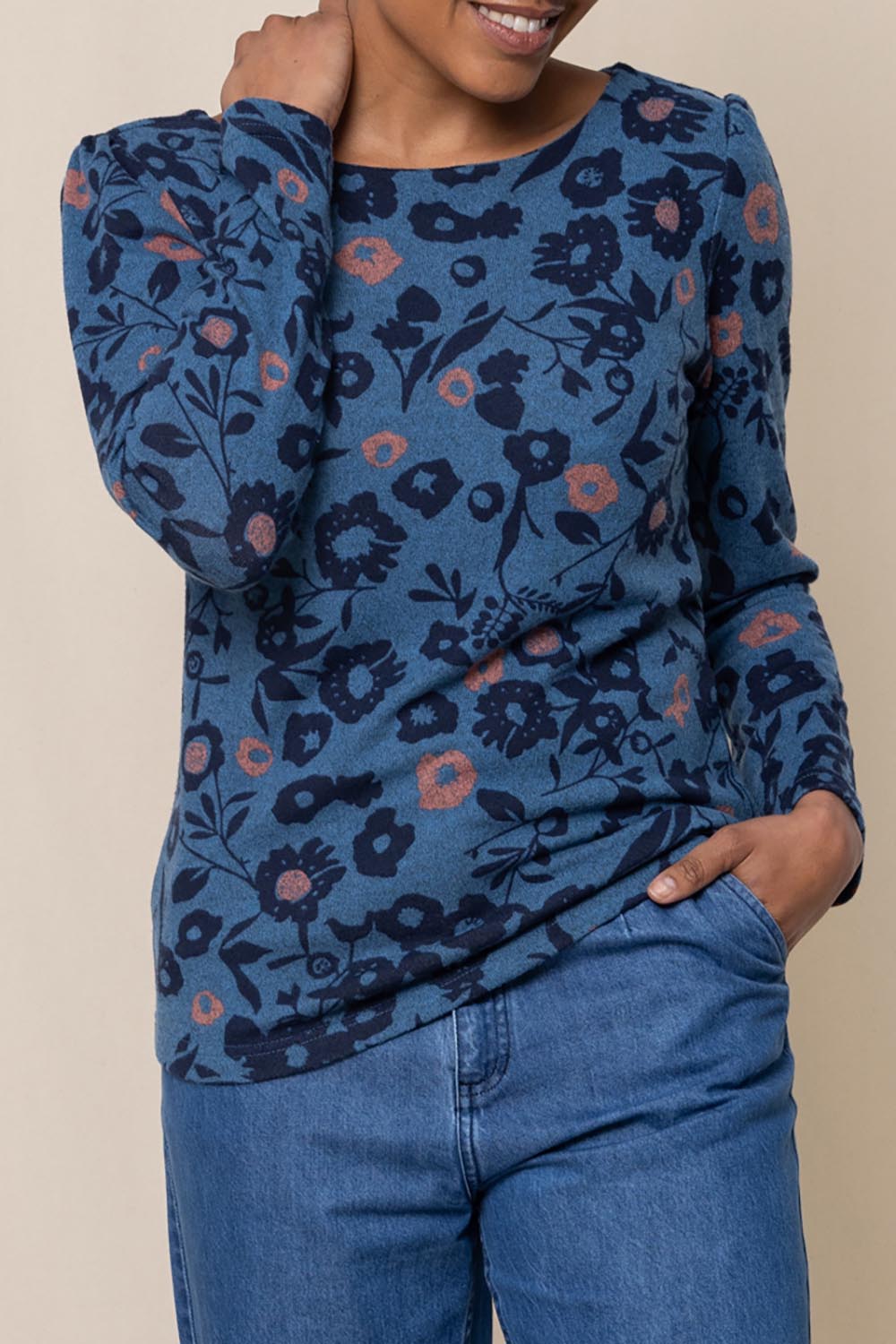 A model wearing the Abigail Top Cuckoo in colour Blue (Blue), from the front, cropped image