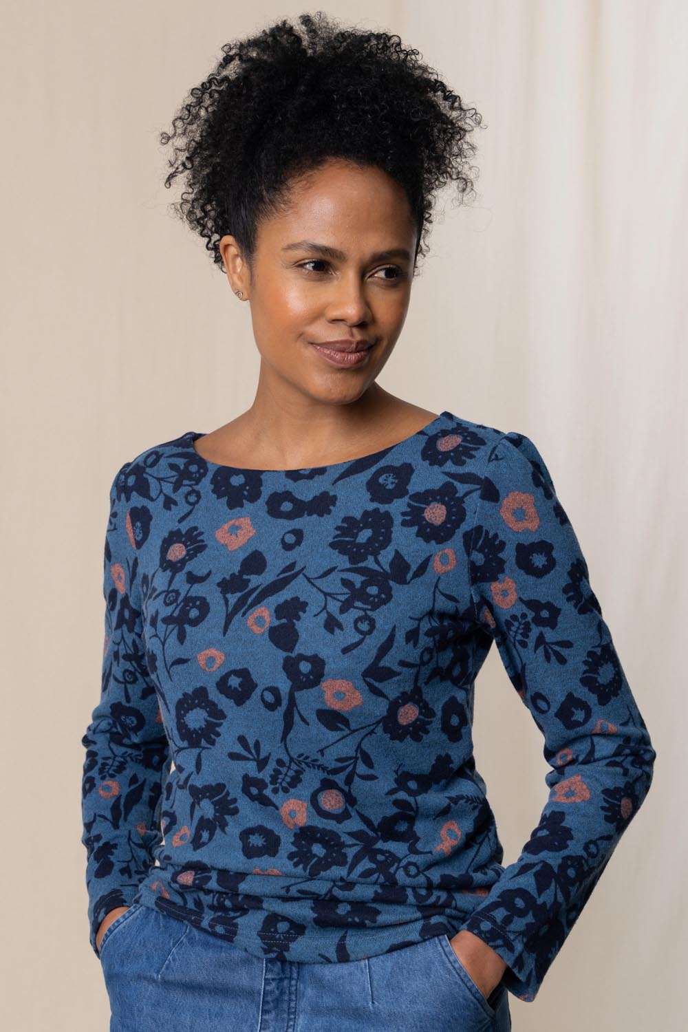 A model wearing the Abigail Top Cuckoo in colour Blue (Blue), from the front, cropped image
