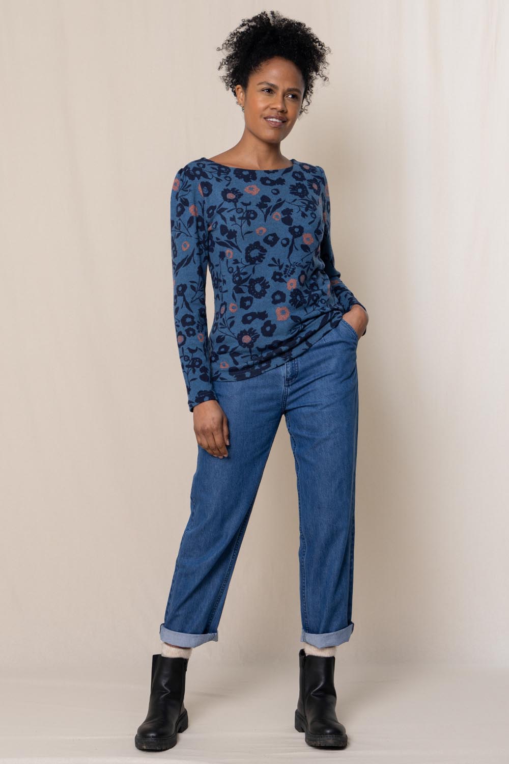 A model wearing the Abigail Top Cuckoo in colour Blue (Blue), from the front, showing the whole outfit