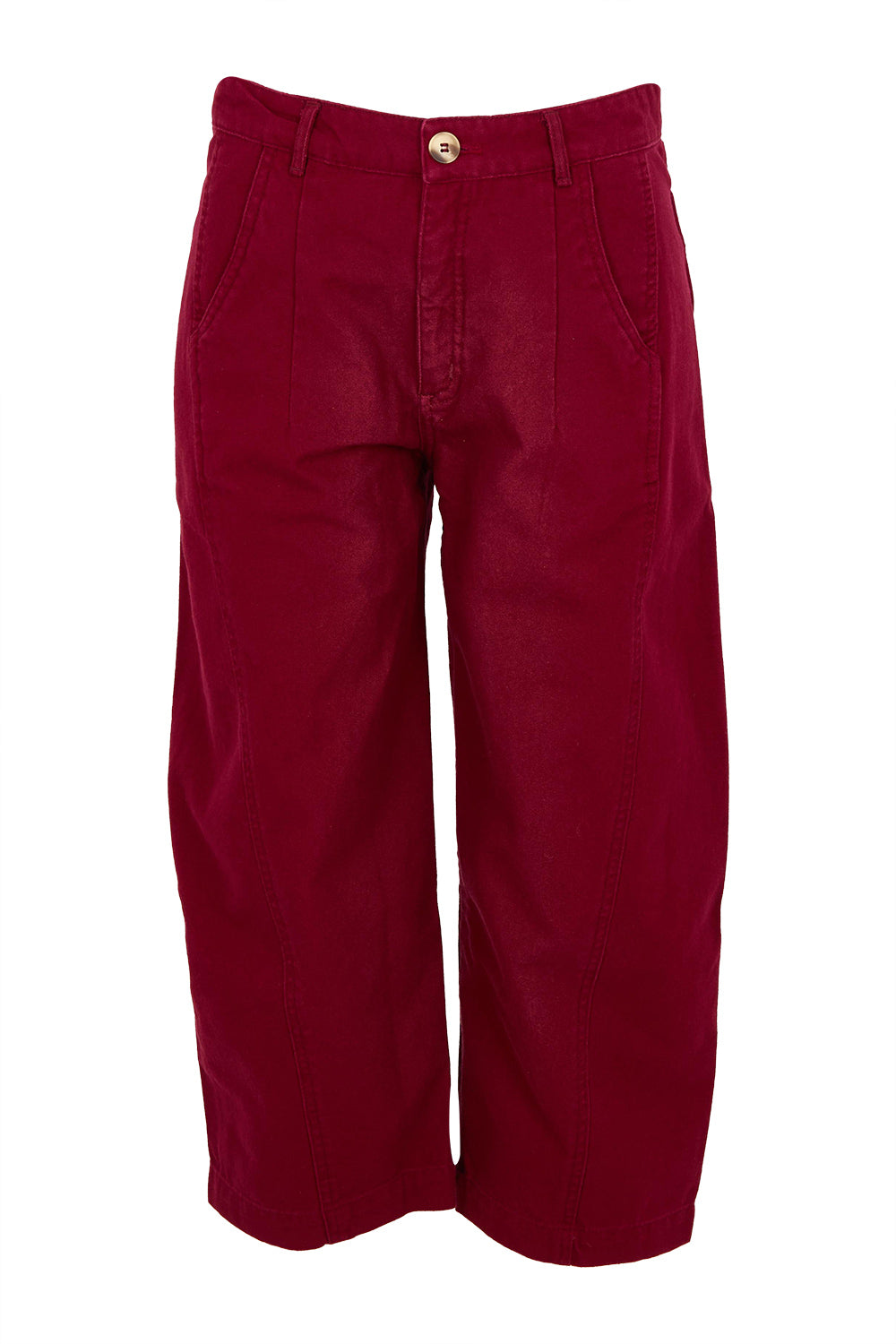 Product shot of the Charlie Cotton Canvas Trouser in colour Mulberry (Red), from the front