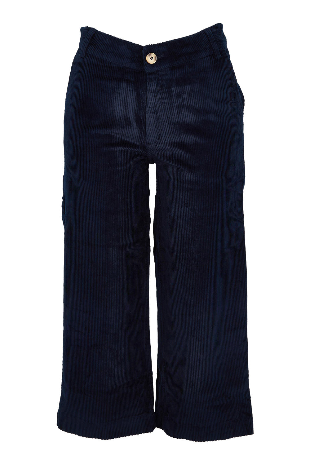 Product shot of the Isla Crop Cotton Cord Trouser in colour Navy (Blue), from the front