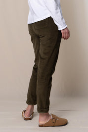 A model wearing the Brookend Cotton Cord Trouser in colour Olive (Green), from the back