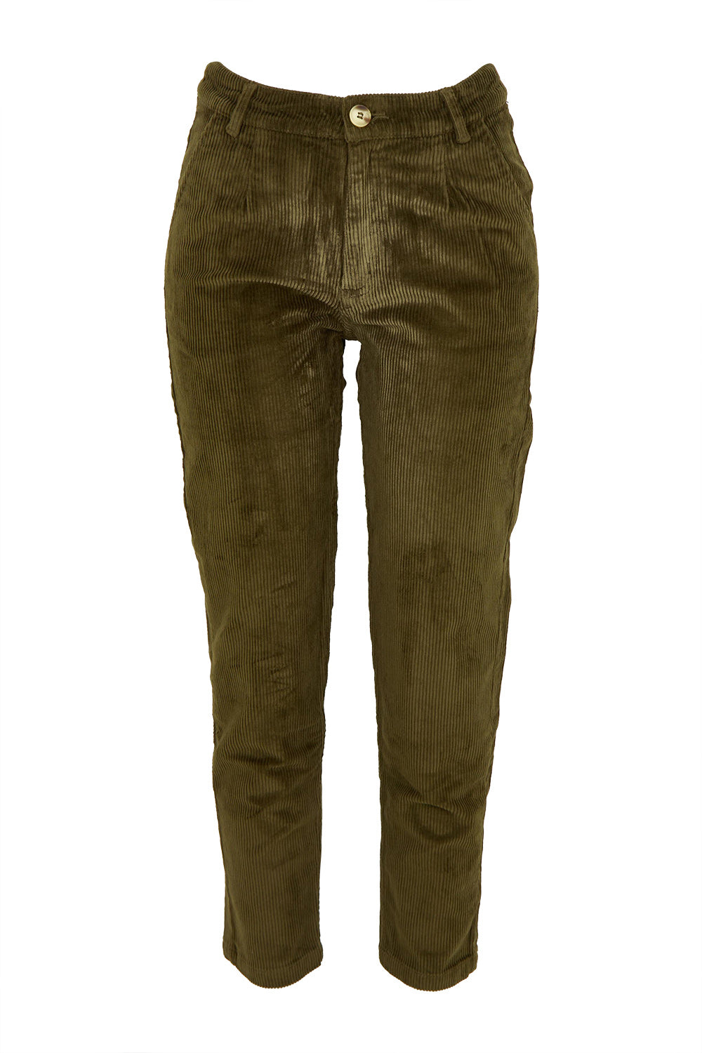 Product shot of the Brookend Cotton Cord Trouser in colour Olive (Green), from the front