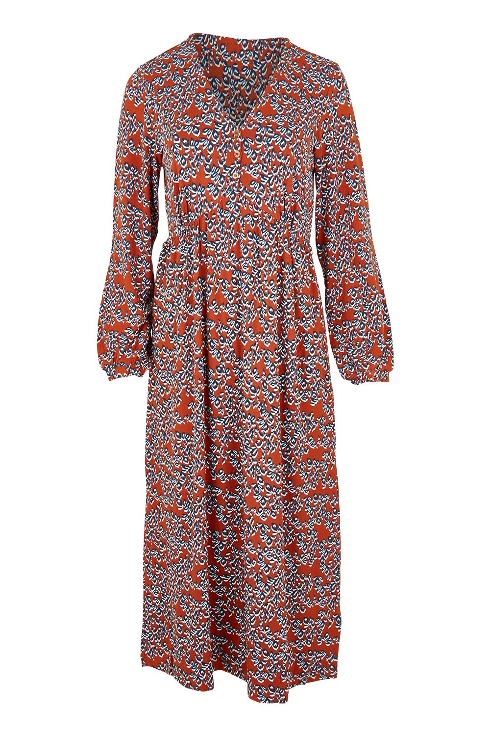 Product shot of the Lillian Dress Animal Stamp in colour Ginger, from the front