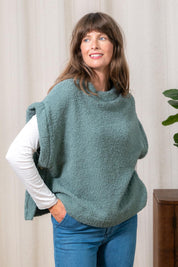 A model wearing the Tabitha Button Wool Blend Poncho in colour Duckegg (Blue), from the front, cropped image