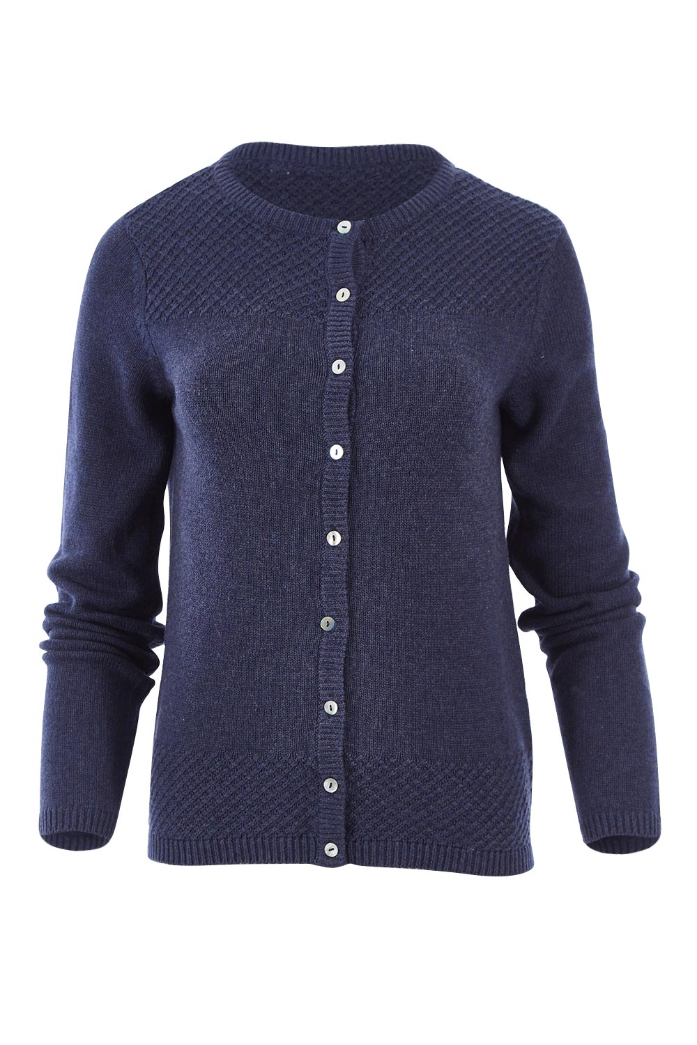 Product shot of the Vintage Knit Cardigan in colour NavyMarl (Blue), from the front