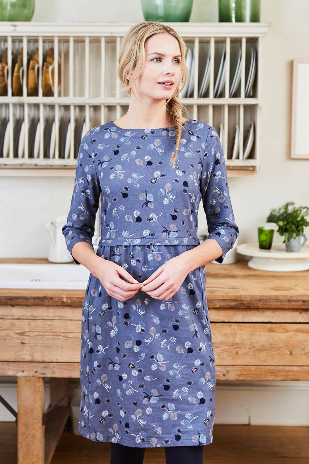 A model wearing the Keep It Simple Dress in colour SteelBlue (Blue), from the front, showing the whole outfit