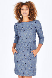 Model Summer wearing size 10 of the Keep It Simple Dress in colour SteelBlue (Blue), from the front, cropped image