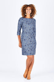 Model Summer wearing size 10 of the Keep It Simple Dress in colour SteelBlue (Blue), from the front, showing the whole outfit