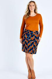 Model Jess wearing size 14 of the Annabelle Cord Skirt in colour Blueginger (Blue), from the front, showing the whole outfit