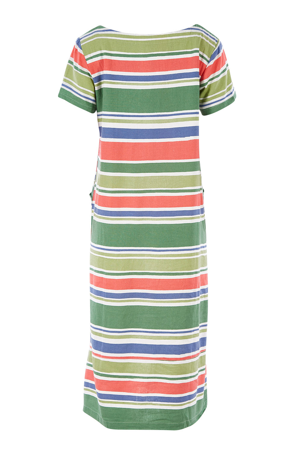 Product shot of the Summer Breeze Dress in colour Striaplgre (Green), from the back