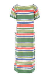 Product shot of the Summer Breeze Dress in colour Striaplgre (Green), from the back