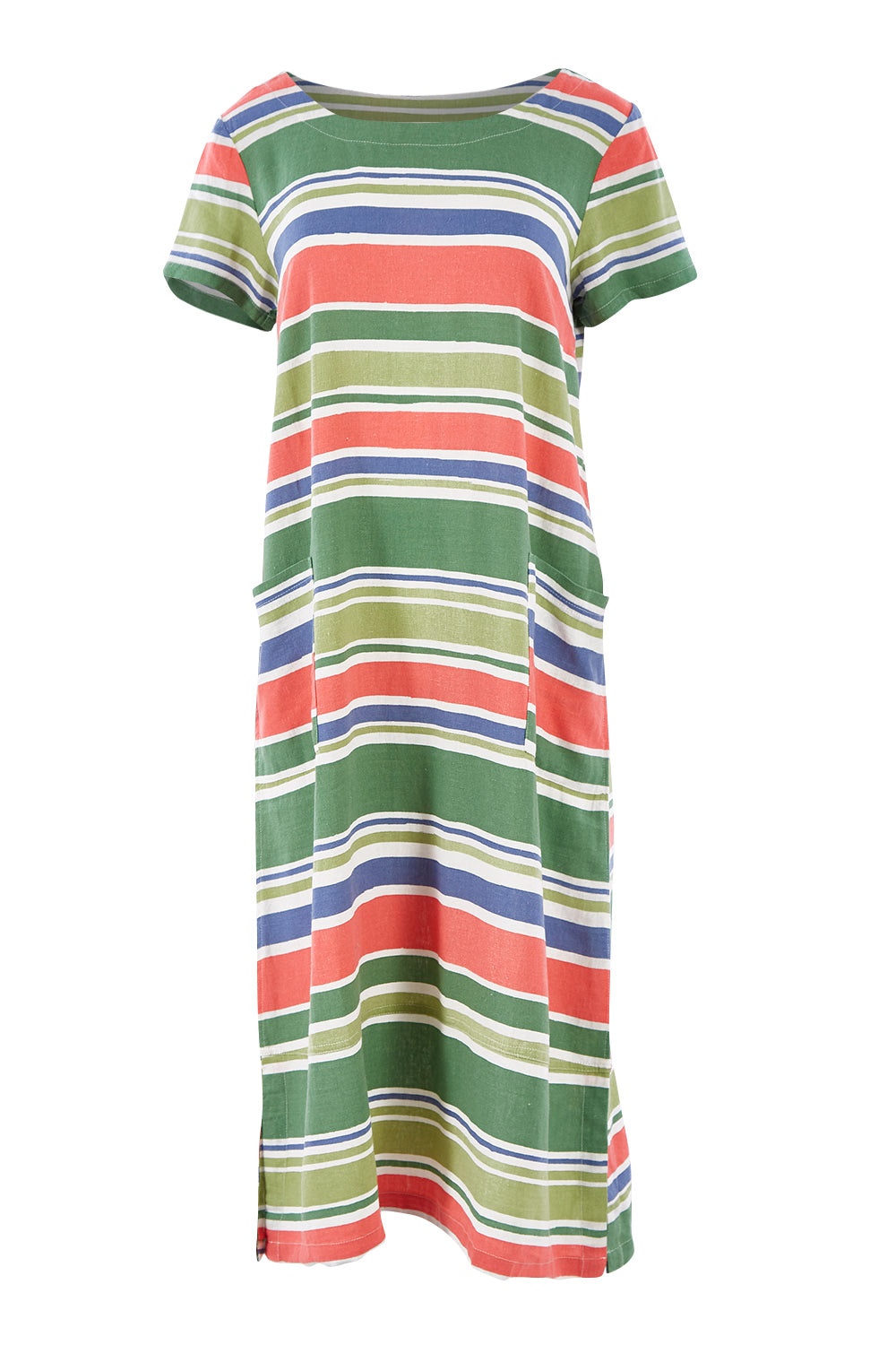 Product shot of the Summer Breeze Dress in colour Striaplgre (Green), from the front