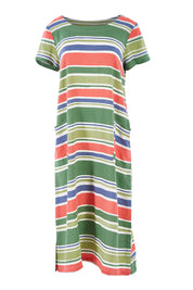 Product shot of the Summer Breeze Dress in colour Striaplgre (Green), from the front