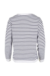Product shot of the Meadow Stripe Jumper in colour Navystri (Blue), from the back