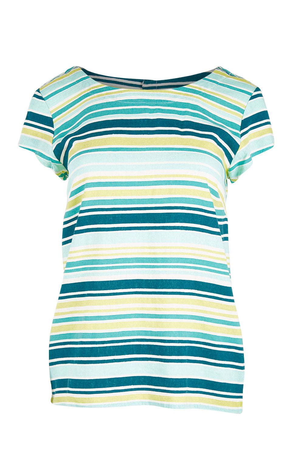 Product shot of the Sun And Shade Top in colour Tealstrip (Green), from the front