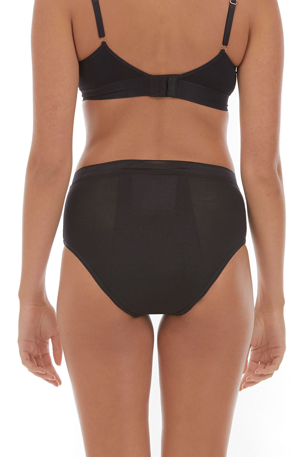A model wearing the Hi Waist Bamboo Period Brief in colour Black (Black), from the back