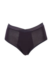 Product shot of the Hi Waist Bamboo Period Brief in colour Black (Black), from the front