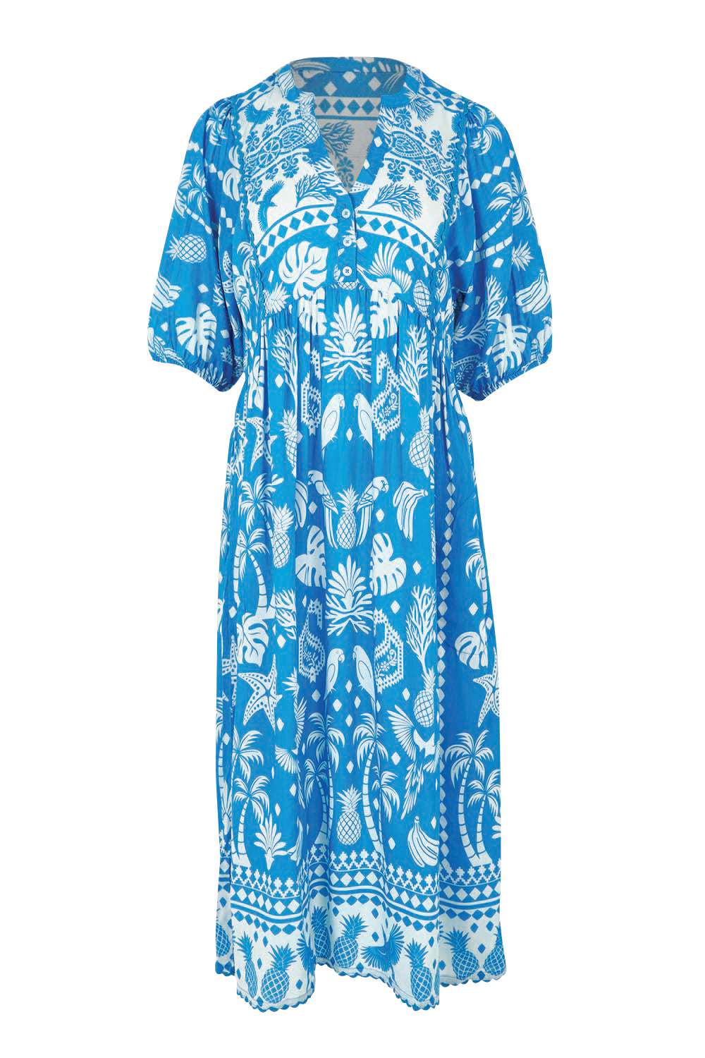 Product shot of the Agatha Midi Cotton Dress in colour Ocean (Blue), from the front