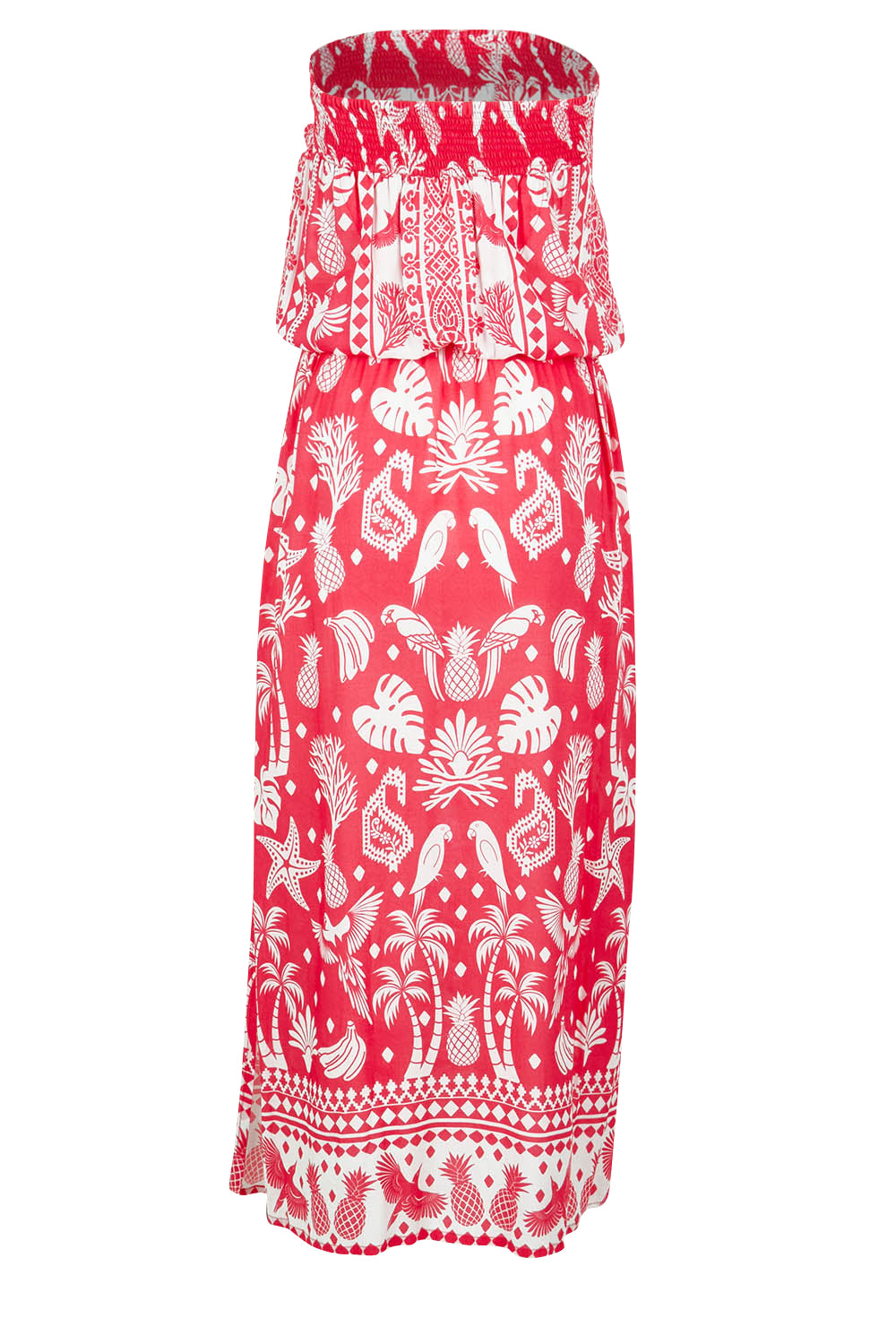 Product shot of the Agatha Strapless Dress in colour Melon (Red), from the back