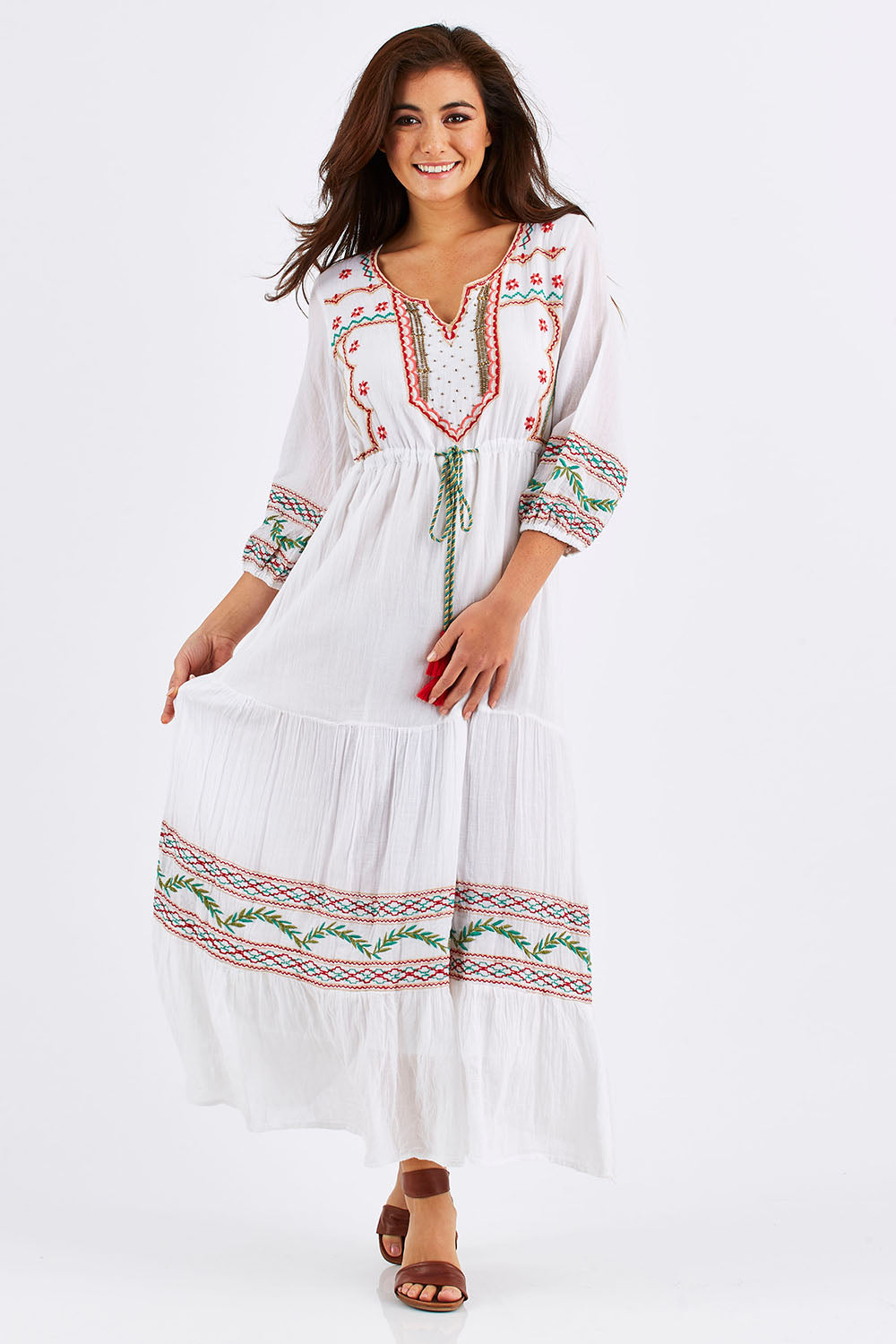 Model Chesska wearing size M of the Agra Dress in colour White (White), from the front, showing the whole outfit