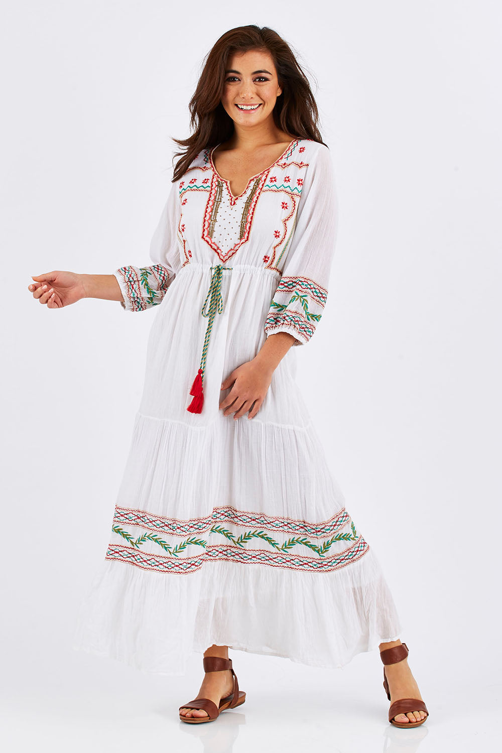 Model Chesska wearing size M of the Agra Dress in colour White (White), from the front, showing the whole outfit