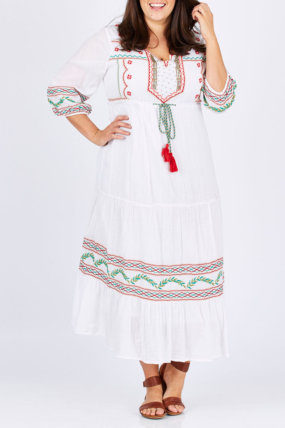 Model Mae wearing size XXL of the Agra Dress in colour White (White), from the front, cropped image