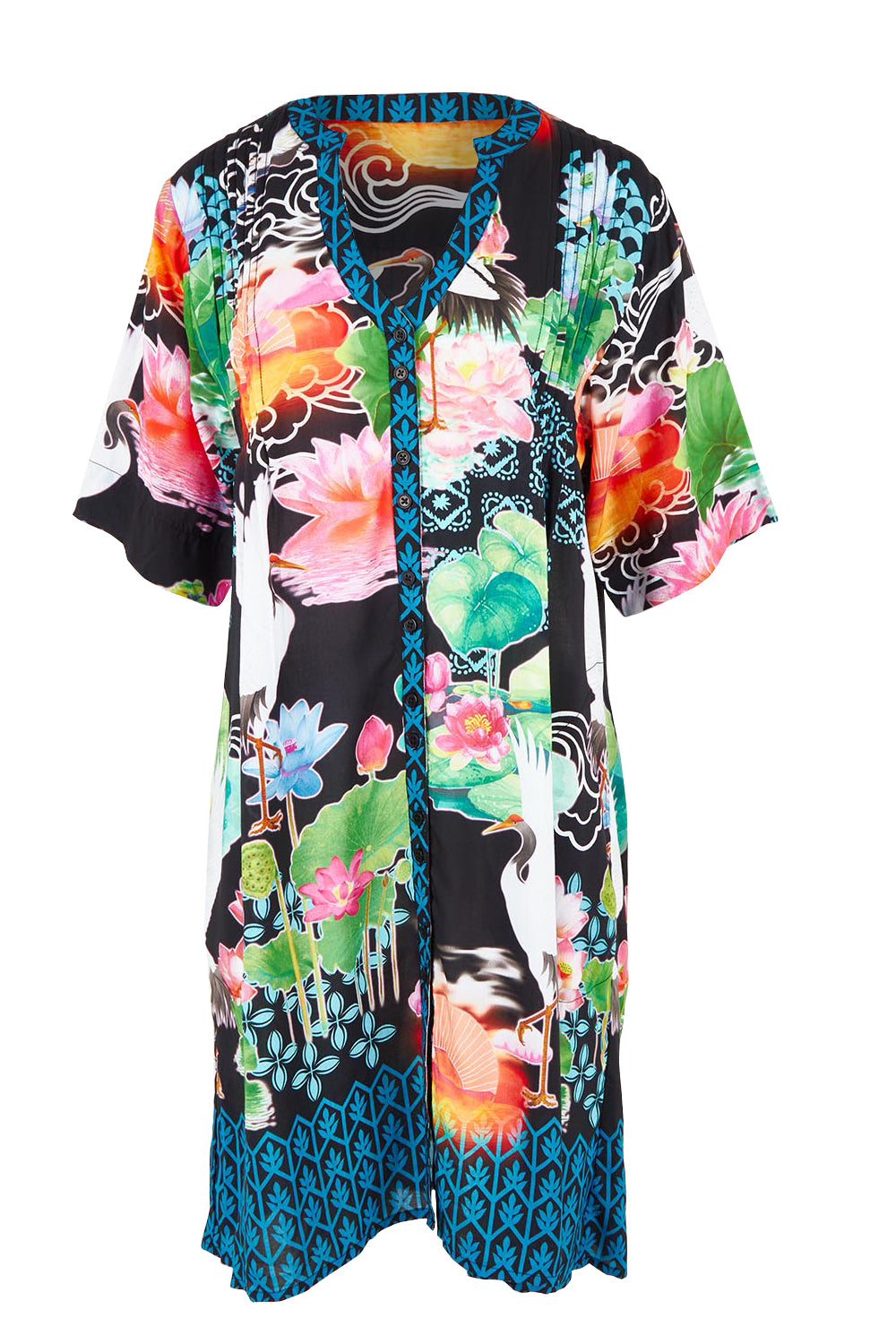 Product shot of the Akiko Button Dress in colour Ocean (Blue), from the front