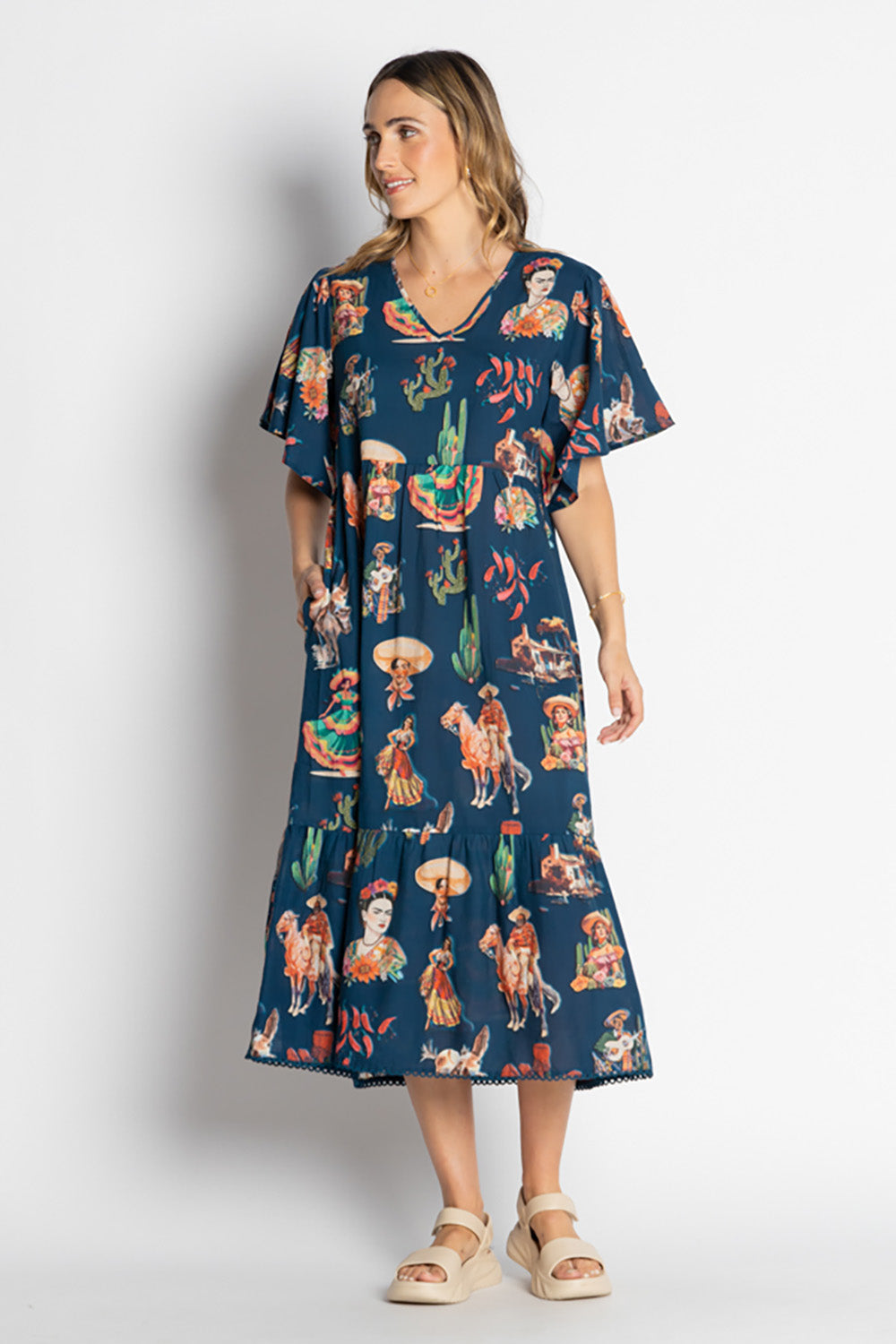 A model wearing the Arriba Cotton Midi Dress in colour Navy (Blue), from the front, showing the whole outfit