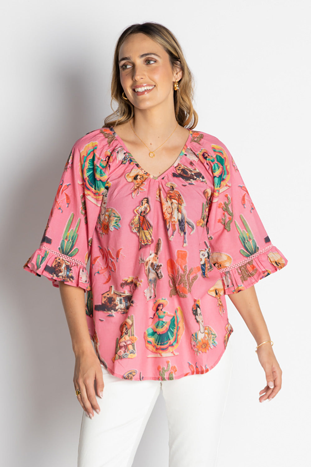 A model wearing the Arriba Cotton Top in colour Pink (Pink), from the front, cropped image
