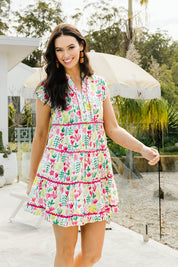 Model Stacey wearing size S of the Ashton Tiered Dress in colour White (White), from the front, showing the whole outfit