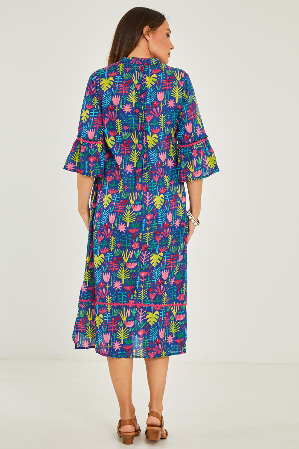 Model Georgia wearing size S of the Ashton Maxi Dress in colour Navy (Blue), from the back