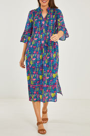 Model Georgia wearing size S of the Ashton Maxi Dress in colour Navy (Blue), from the front, cropped image