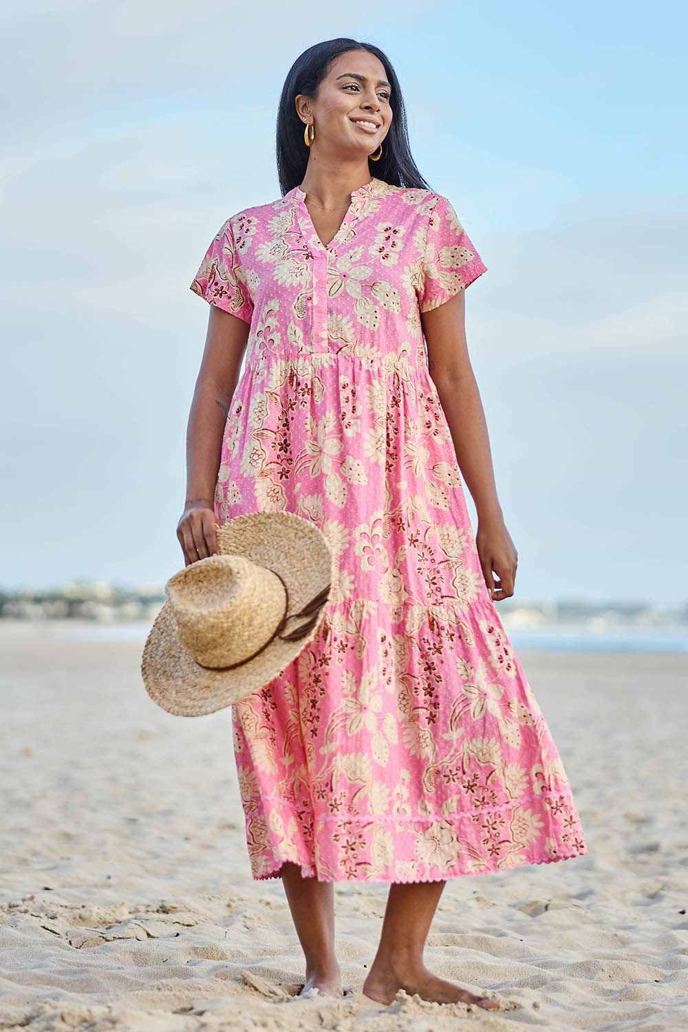 Model Eshan wearing size 10 of the Astrid Midi Dress – Dustypink in colour Dustypink, from the front