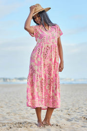 Model Eshan wearing size 10 of the Astrid Midi Dress – Dustypink in colour Dustypink, from the front