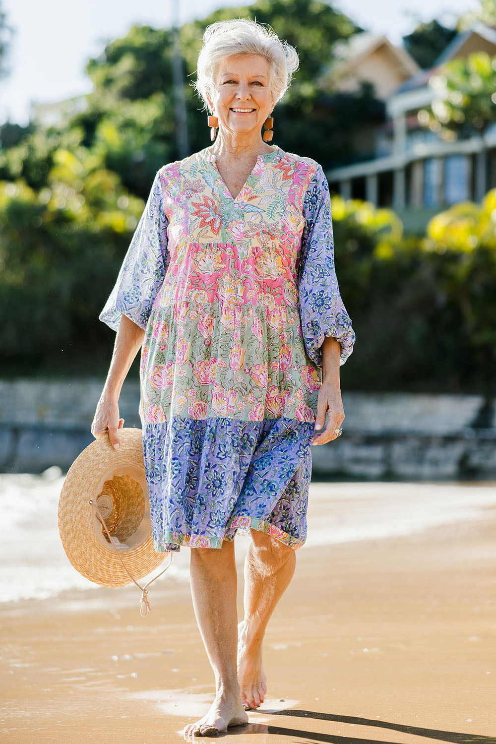 Model Elise wearing size S of the Bessie Dress in colour Multi (Blue), from the front, showing the whole outfit