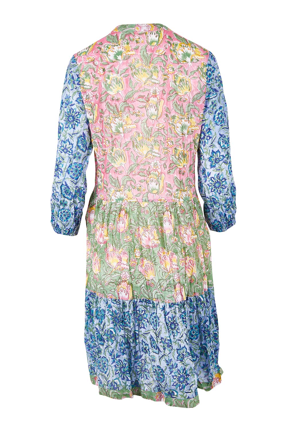 Product shot of the Bessie Dress in colour Multi (Blue), from the back