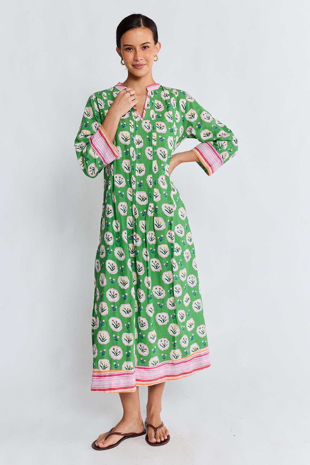 Model Genericm wearing size sample of the Beth Midi Dress – Fern in colour Fern, from the front