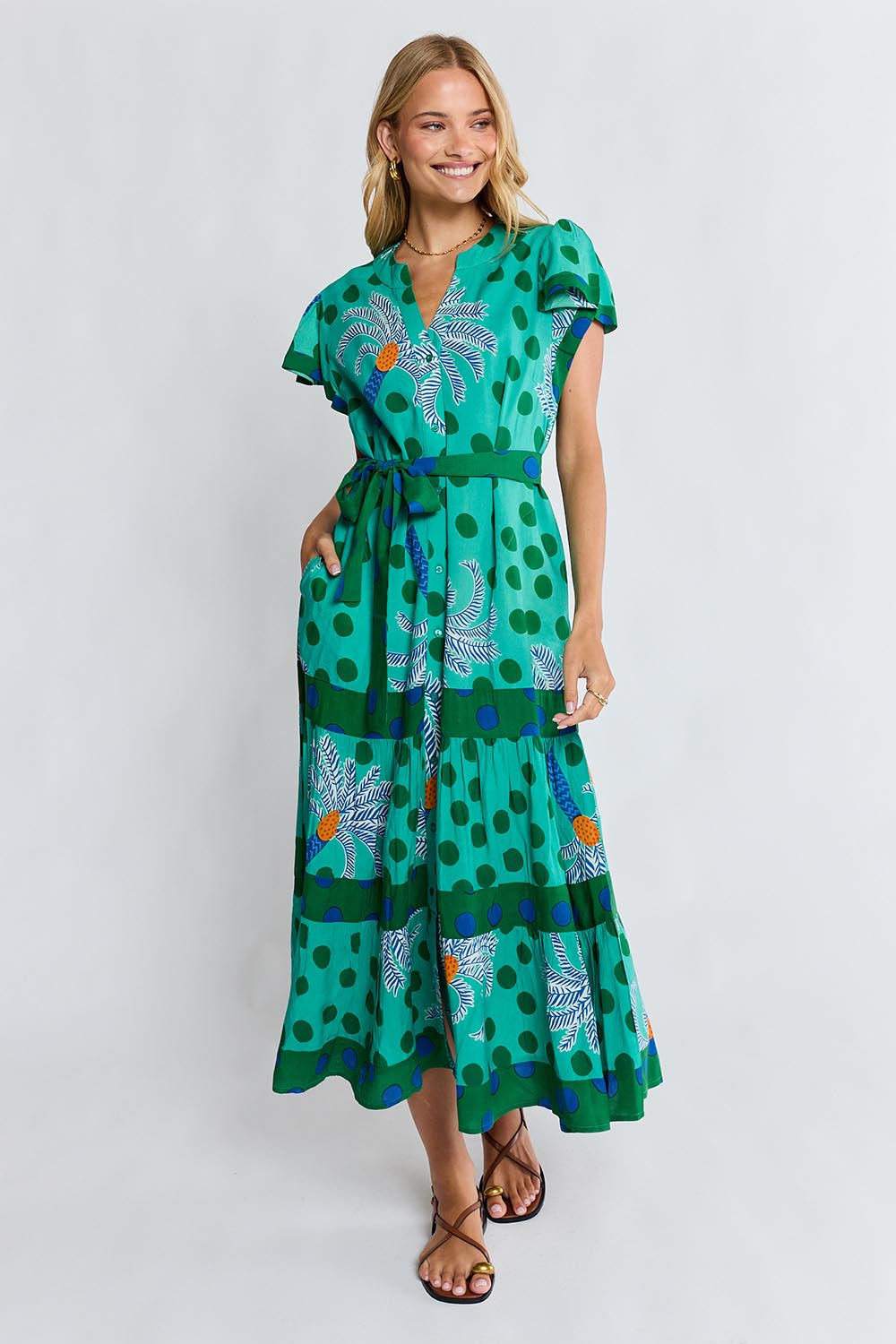 Model Genericm wearing size sample of the Blanch Midi Dress – Sea in colour Sea, from the front