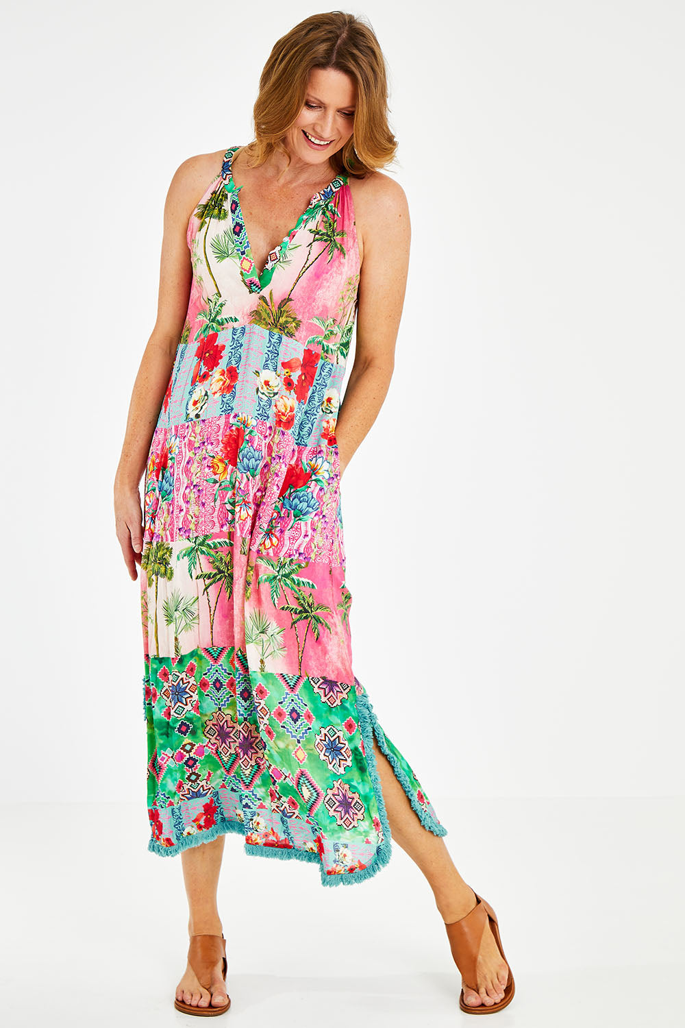 Model Naomi wearing size S of the California Maxi in colour Sunset (Pink), from the front, showing the whole outfit