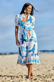 Model Eshan wearing size 10 of the Ciao Maxi Dress – Print in colour Print, from the front