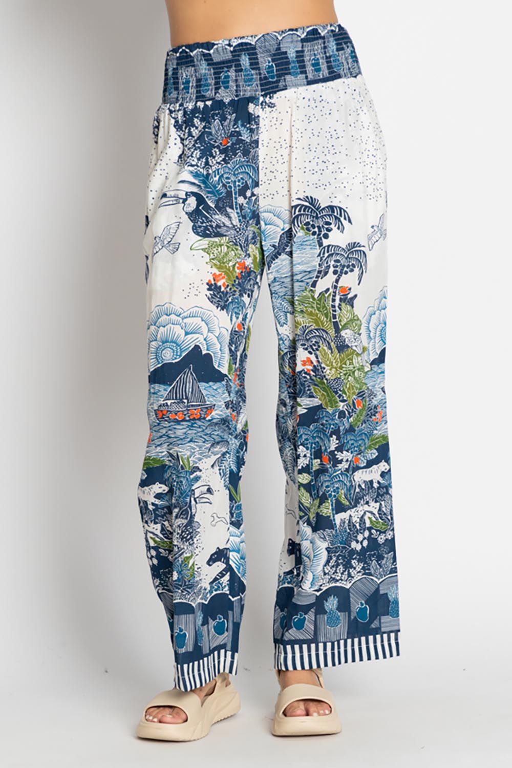 A model wearing the Dita Wide Leg Pant in colour Ocean (Blue), from the front, cropped image