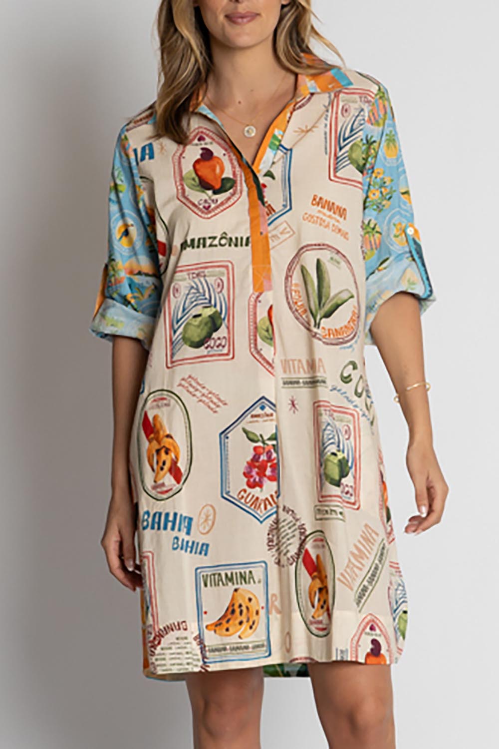 A model wearing the Exotica Cotton Shirtmaker Dress in colour Multi, from the front, cropped image