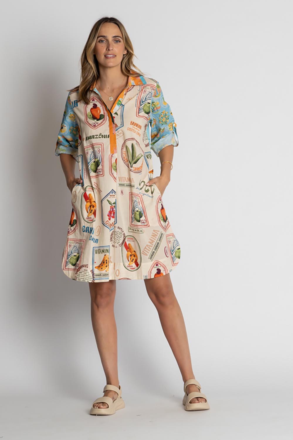 A model wearing the Exotica Cotton Shirtmaker Dress in colour Multi, from the front, showing the whole outfit