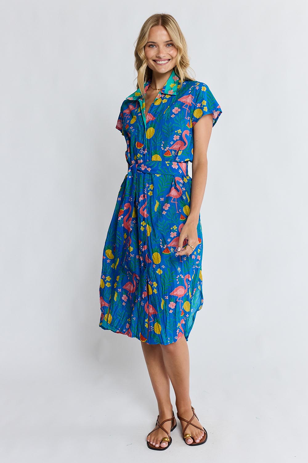 Model Genericm wearing size sample of the Flamingo Shirtdress – Azure in colour Azure, from the front