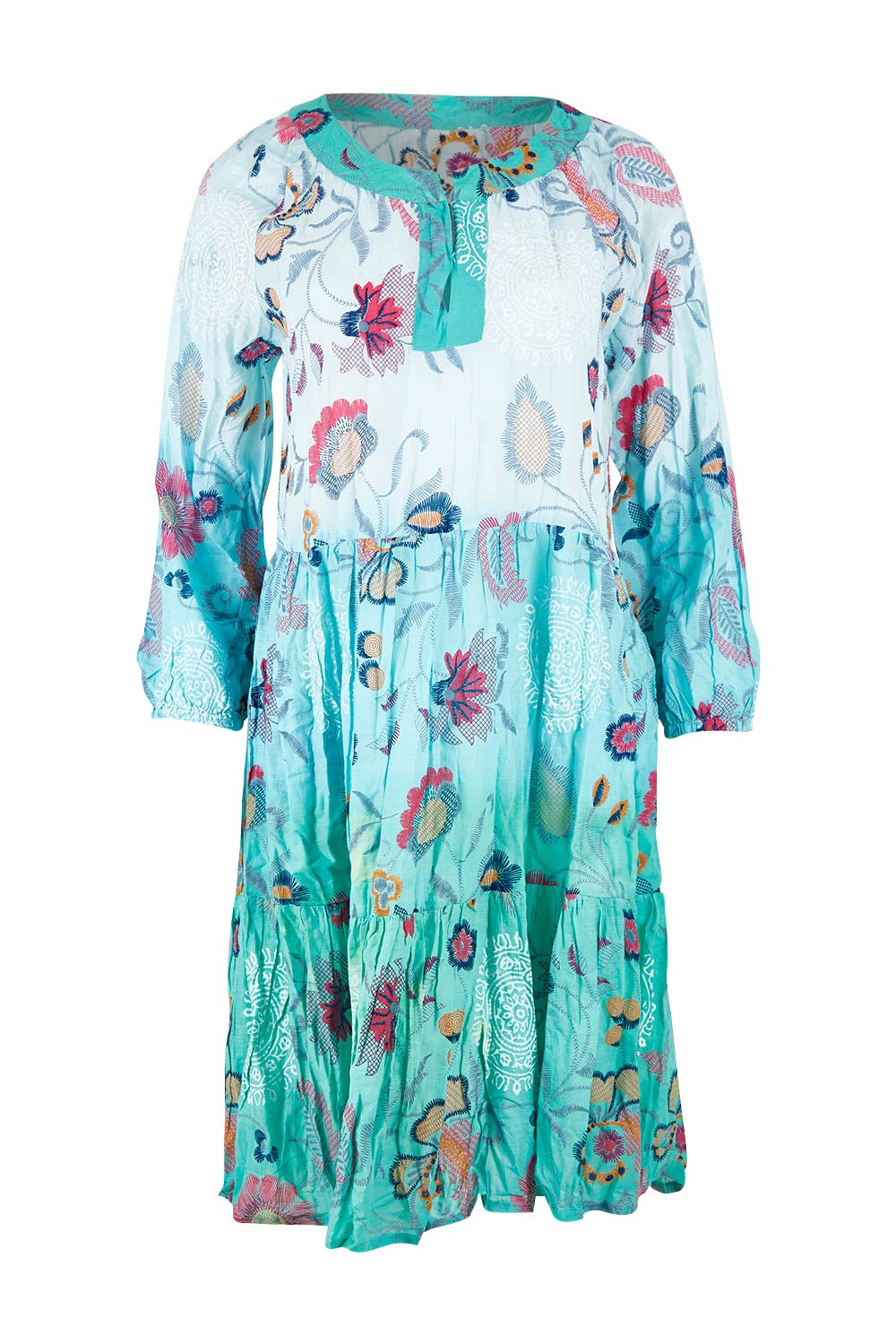 Product shot of the Jerri Tiered Dress in colour Lagoon (Green), from the front