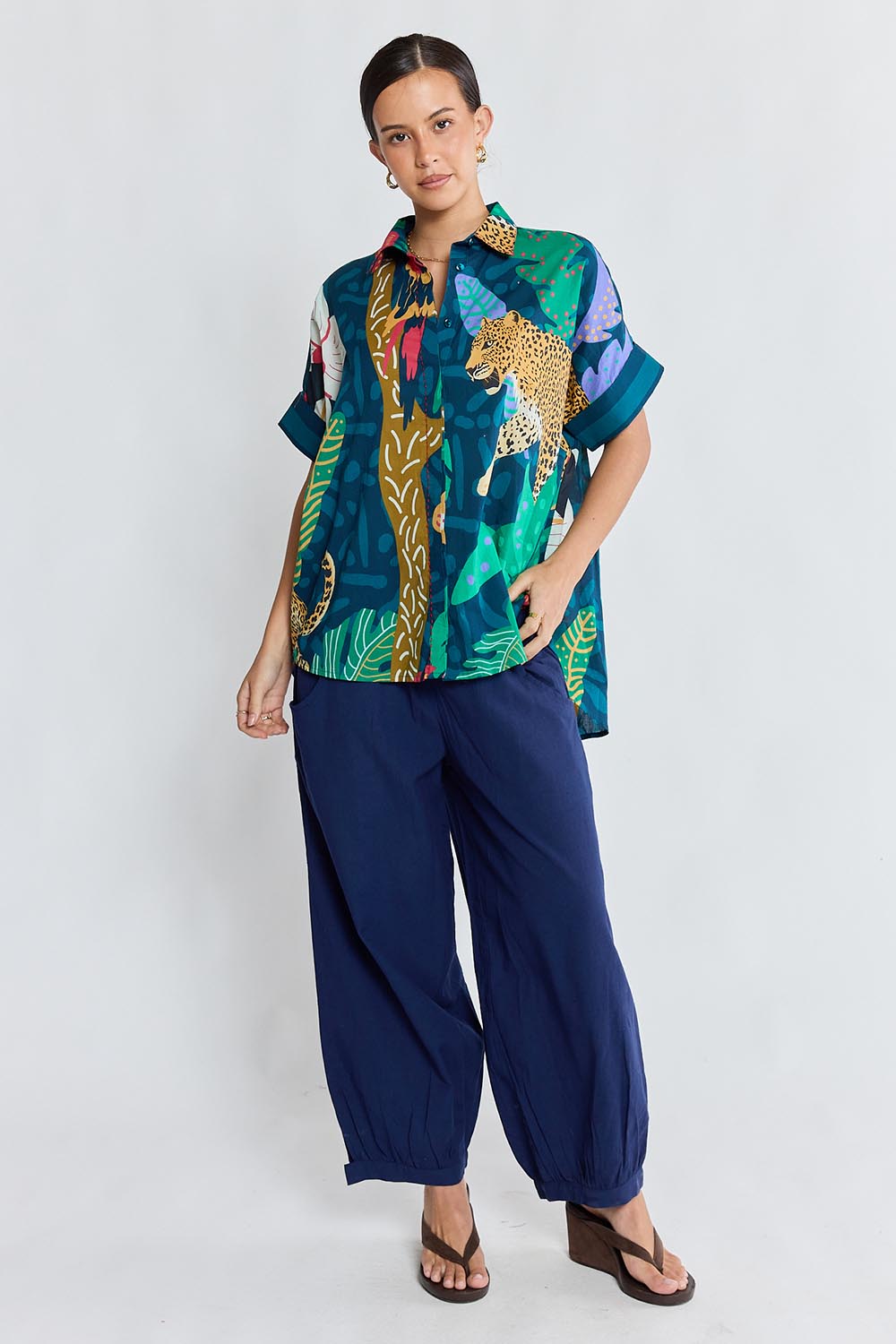 Model Genericm wearing size sample of the Jungle Fever Shirt – Navy in colour Navy, from the front