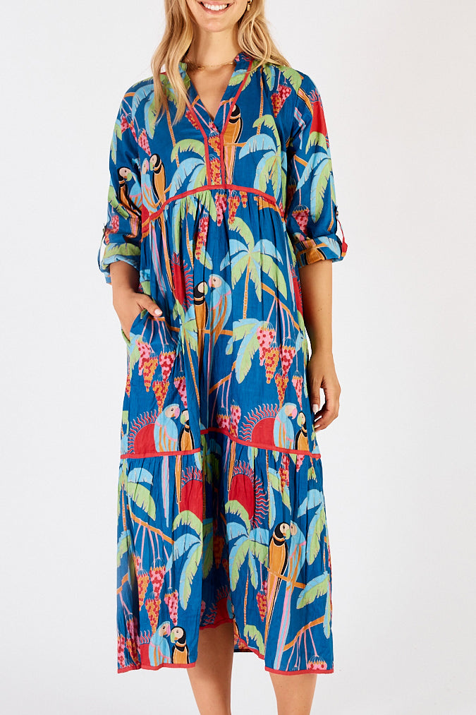 A model wearing the Lainie Midi Cotton Dress in colour Ocean (Blue), from the front, cropped image